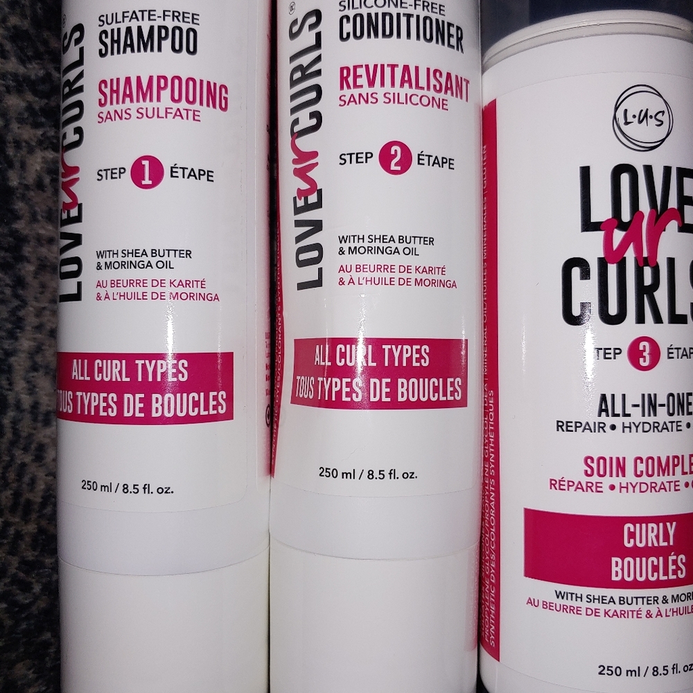 LUS shampoo, conditioner and all in one curly cream.